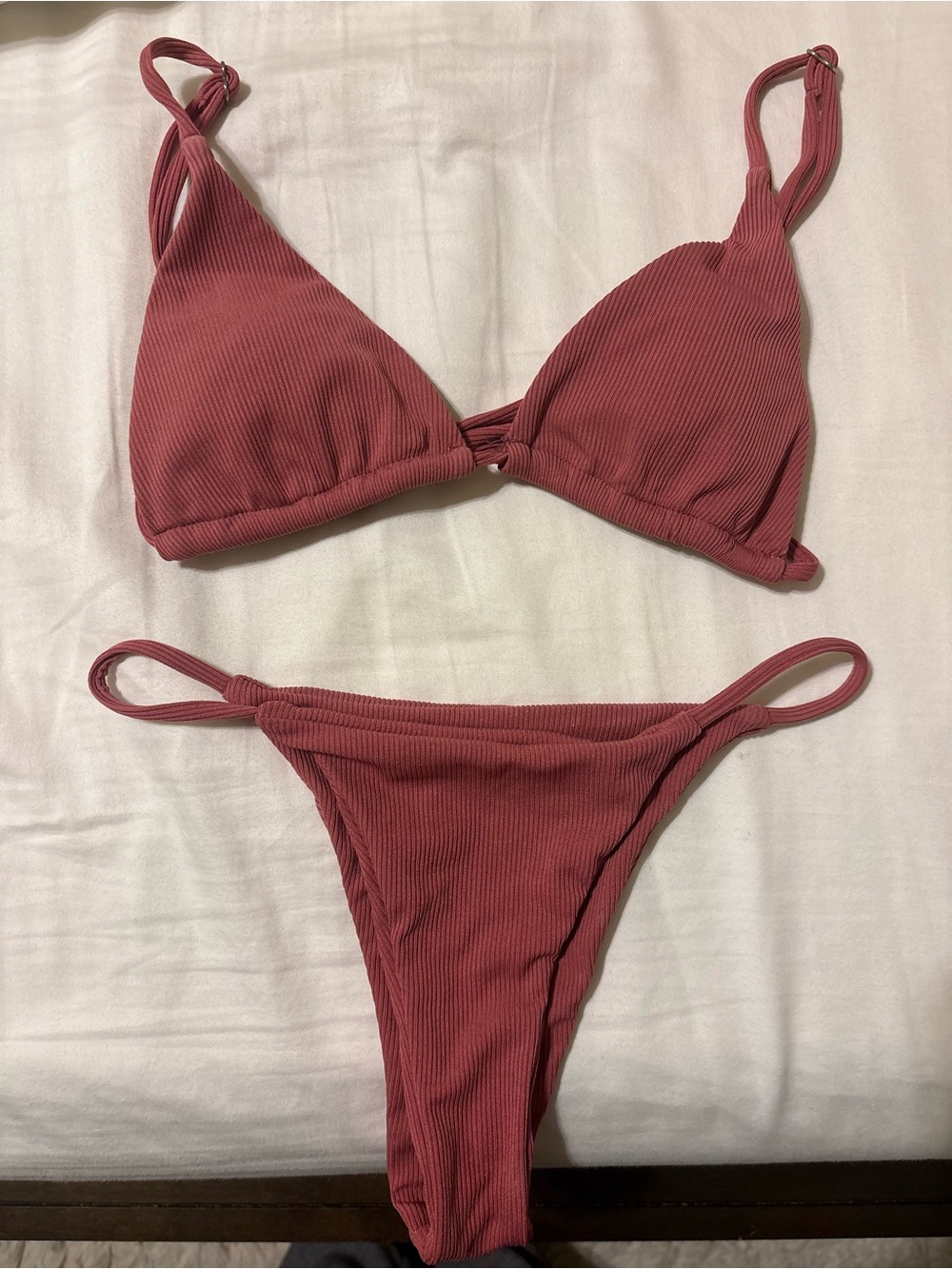 SHEIN Ribbed Triangle Bikini Set in Rose Mauve